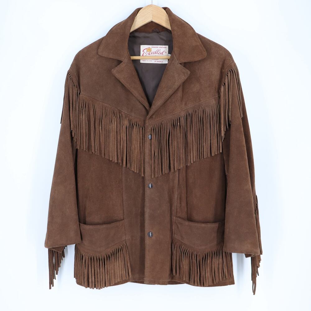 Excelled Western Fringe Suede Jacket Brown 3-Button Long Sleeve Women's S